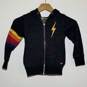 Aviator Nation Kid's Size 4 Zip Up Hoodie Stripe Bolt Charcoal Gray FLAWED READ